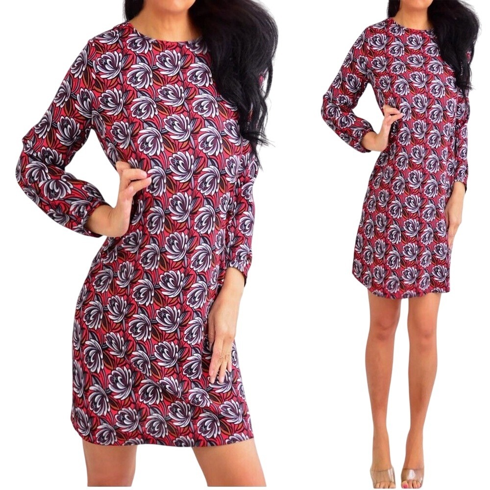 LOFT Red and White A-line Dress with Bishop‎ Sleeves